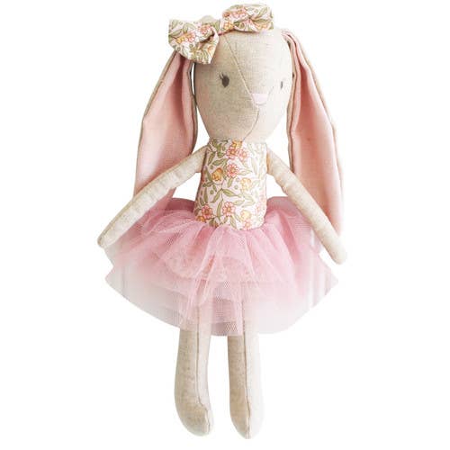 A linen baby toy resembling a bunny with a pink floral bodice and a soft pink tulle tutu.