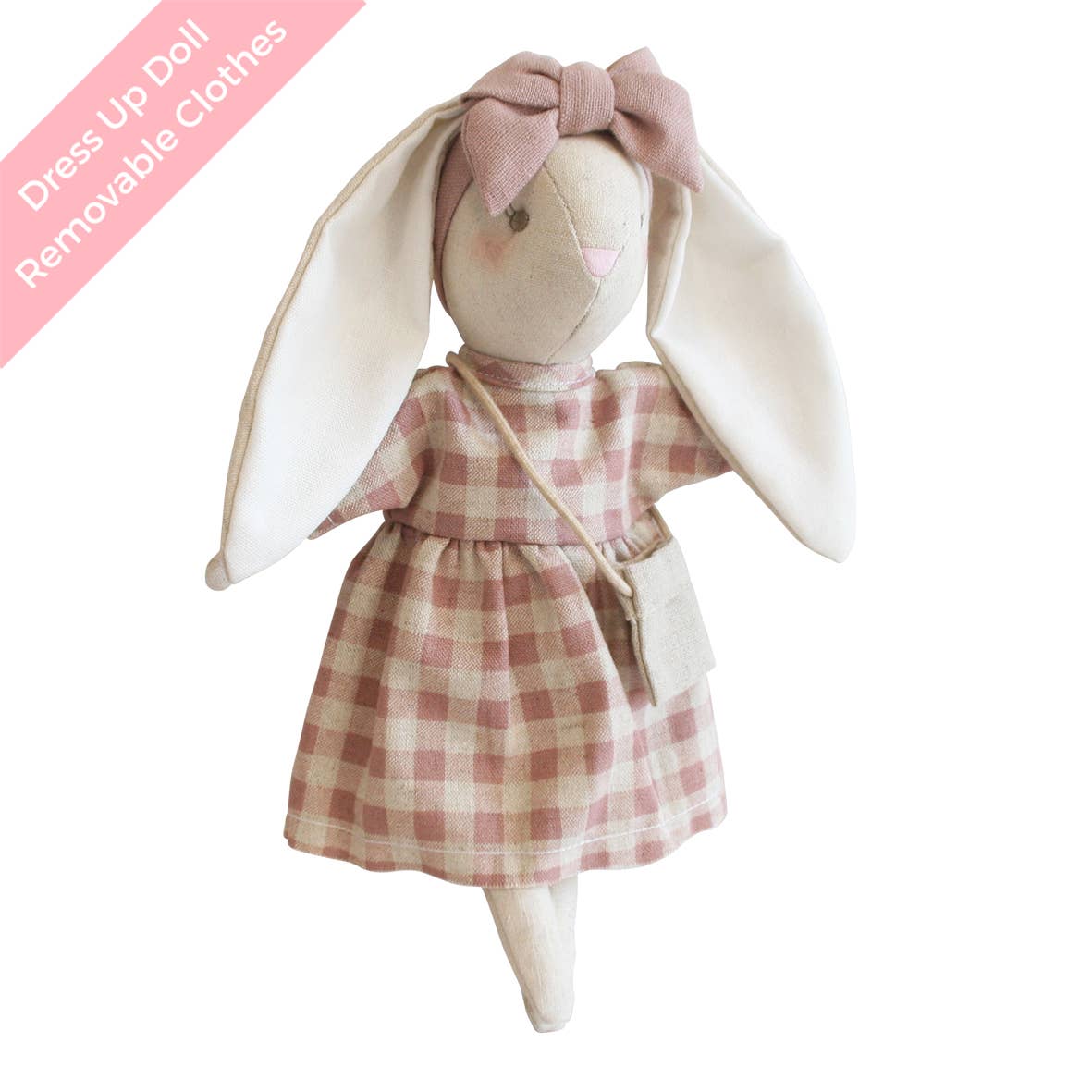 A plush toy rabbit dressed in a pink checkered dress with a removable bow, resembling a crossbody bag, and featuring a linen/cotton body.