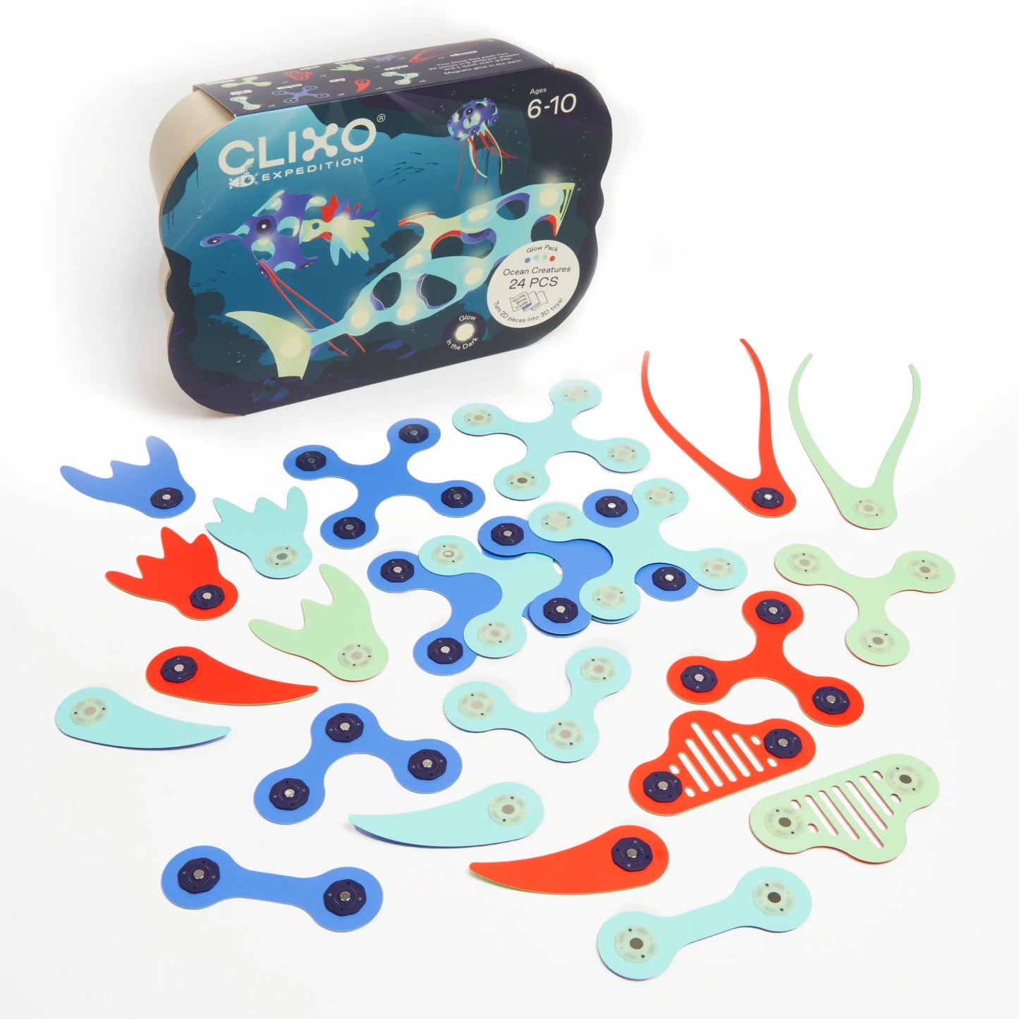 Colorful pieces and packaging with 'Clixo' branding on a white background