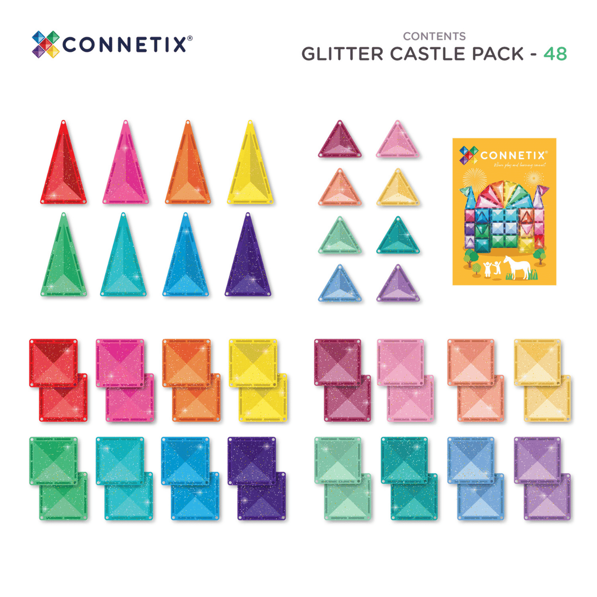 Colorful geometric shapes with glittery texture, labeled 'Connetix Glitter Castle Pack' on a white background.