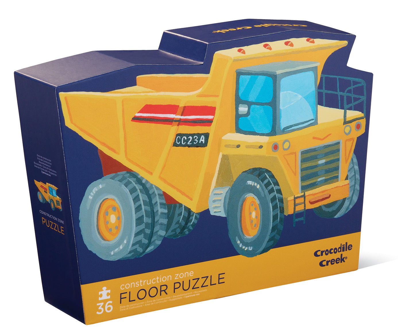 A 36-piece floor puzzle with a construction theme, featuring a large yellow dump truck with the Crocodile Creek brand visible on the packaging. The puzzle is designed for children and is displayed in its contour-shaped storage box.