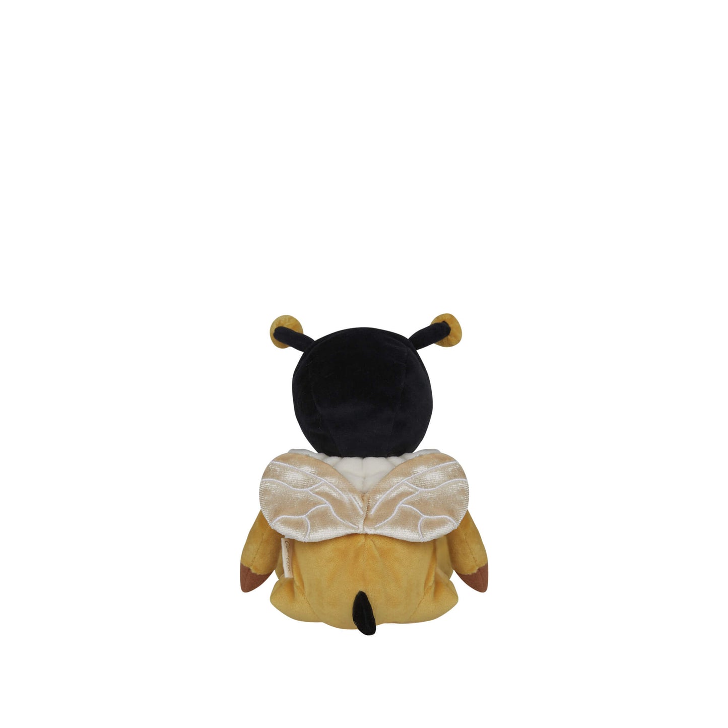Plush toy bee with black head and yellow body on a white background