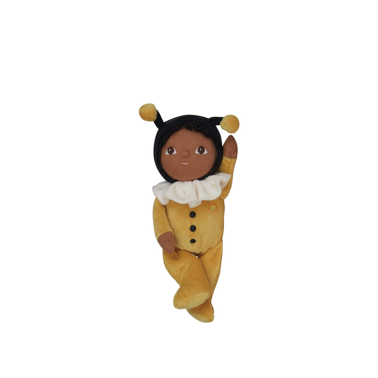 Toy figure of a child in a yellow outfit with black hair on a white background