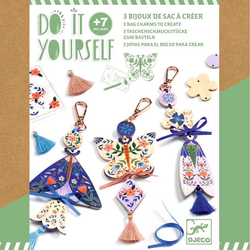 Packaging of DIY bag charms with colorful designs and DJECO branding.