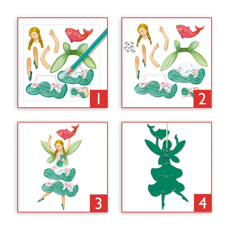 Step-by-step illustration of a fairy and fish assembly toy with numbered steps.