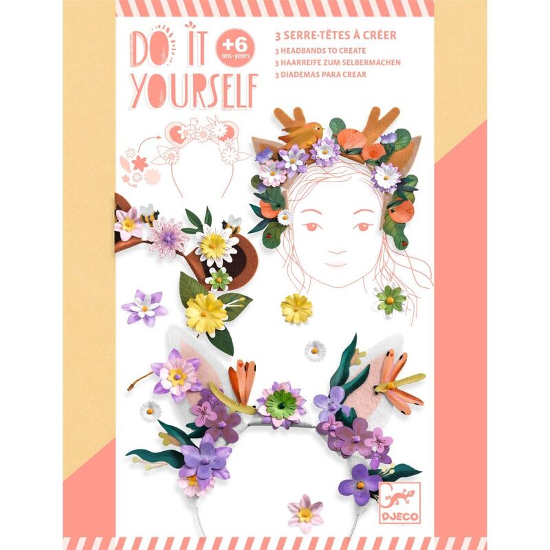 Floral headband craft kit packaging with illustrations of a woman wearing floral headbands and flowers.