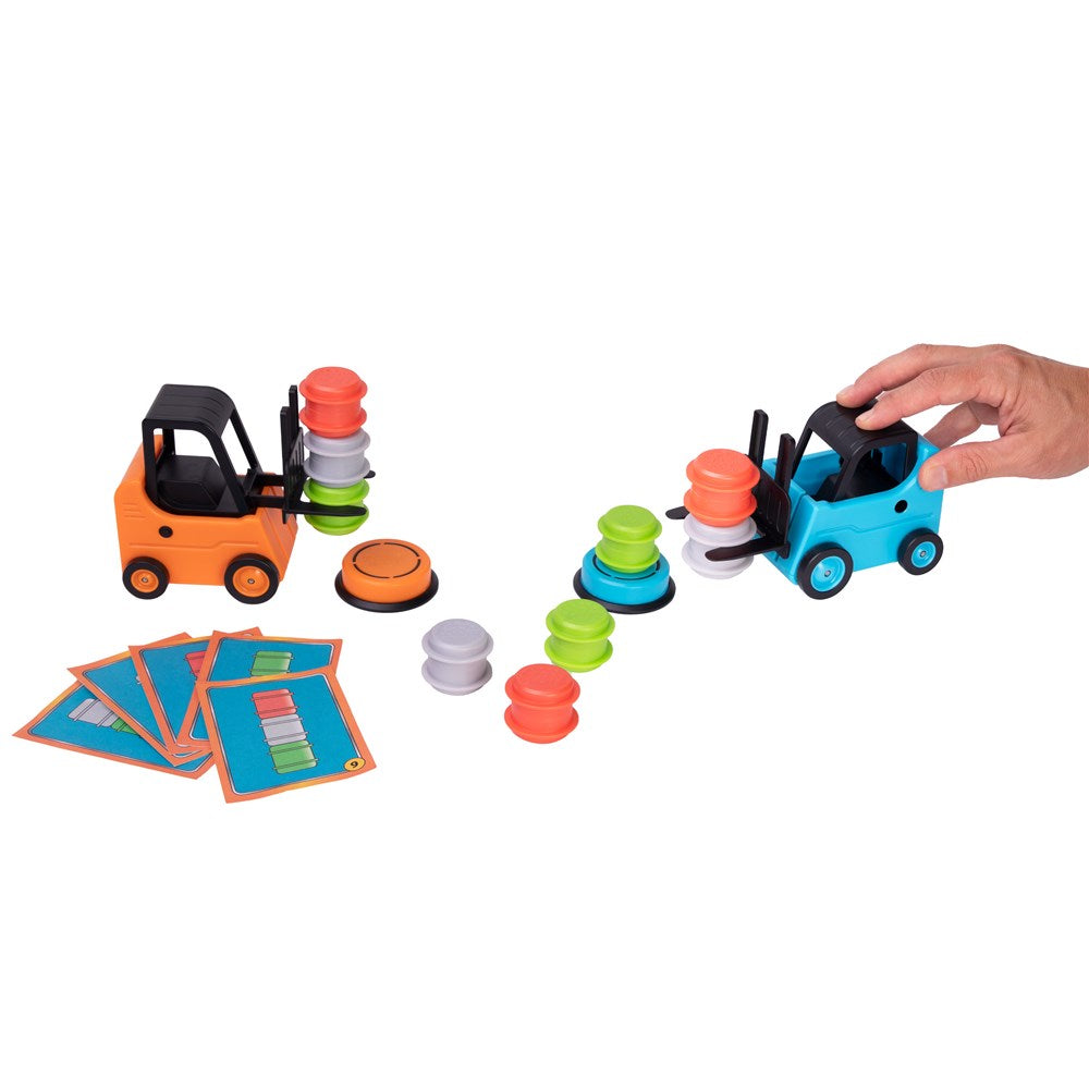 Toy forklifts with colorful stacking rings and cards on a white background