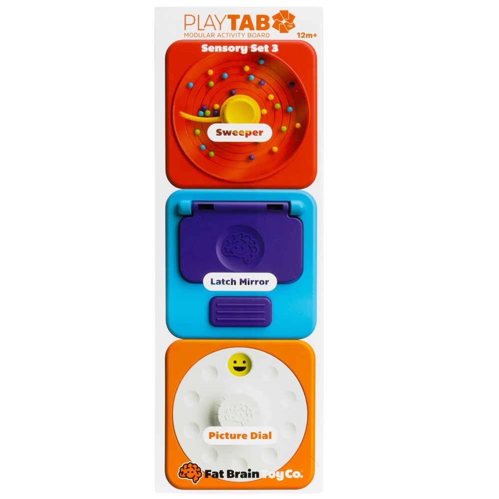 Three PlayTab sensory toy tiles stacked vertically, with colors red, blue, and orange, and themes including a sweeper, latch mirror, and picture dial.