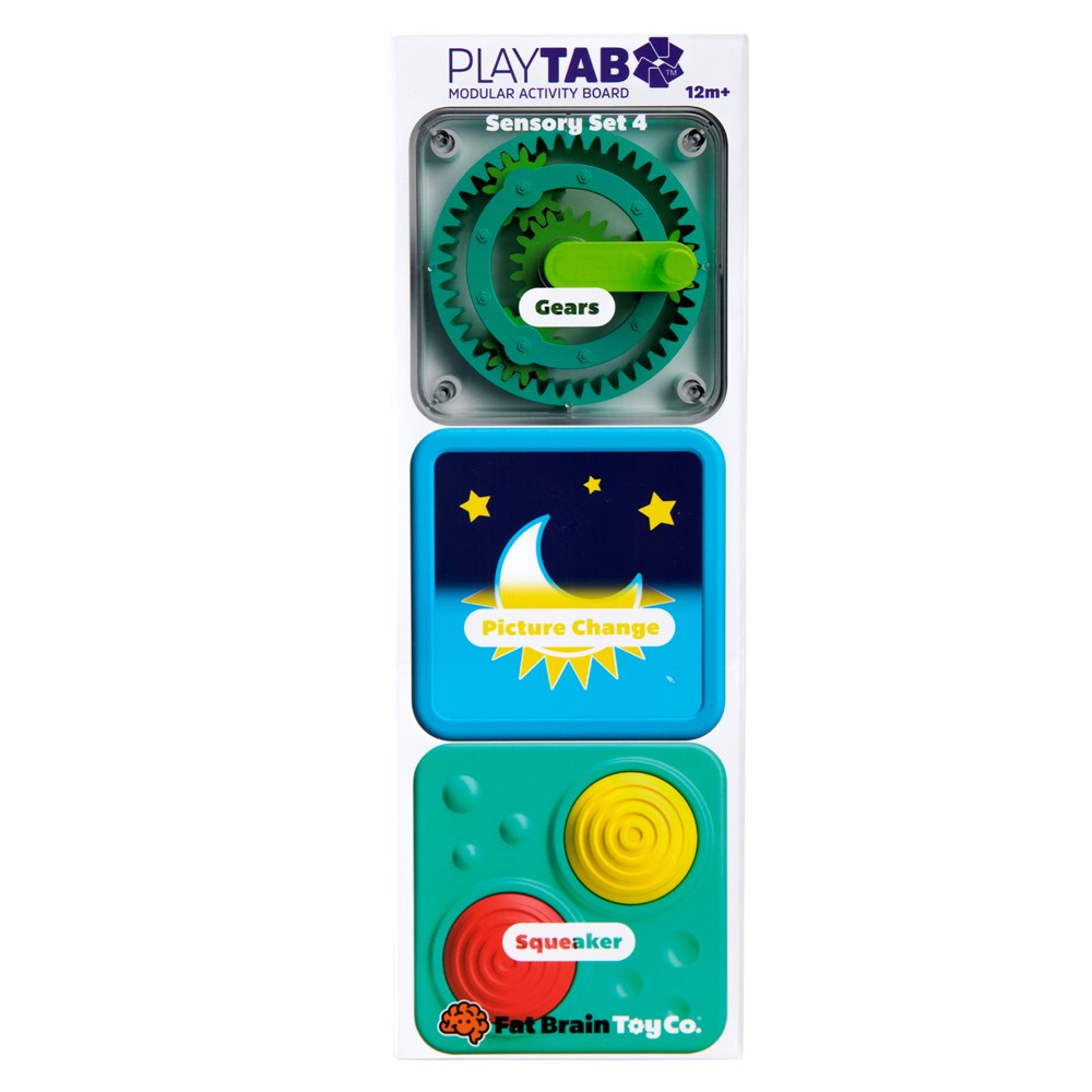 A set of modular sensory toy tiles including shapes with gears, lenticular effects, and a squeaker feature, marketed by Fat Brain Toy Co.