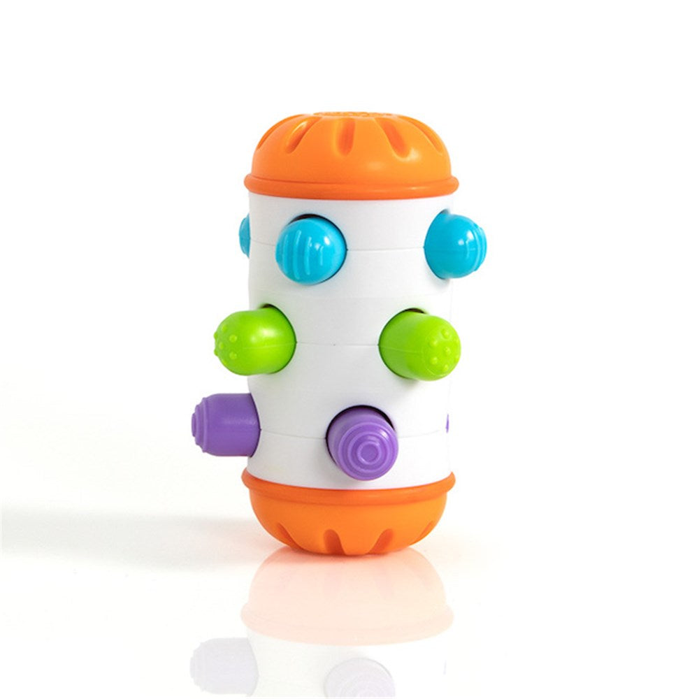 Colorful toy with multiple knobs on a white background