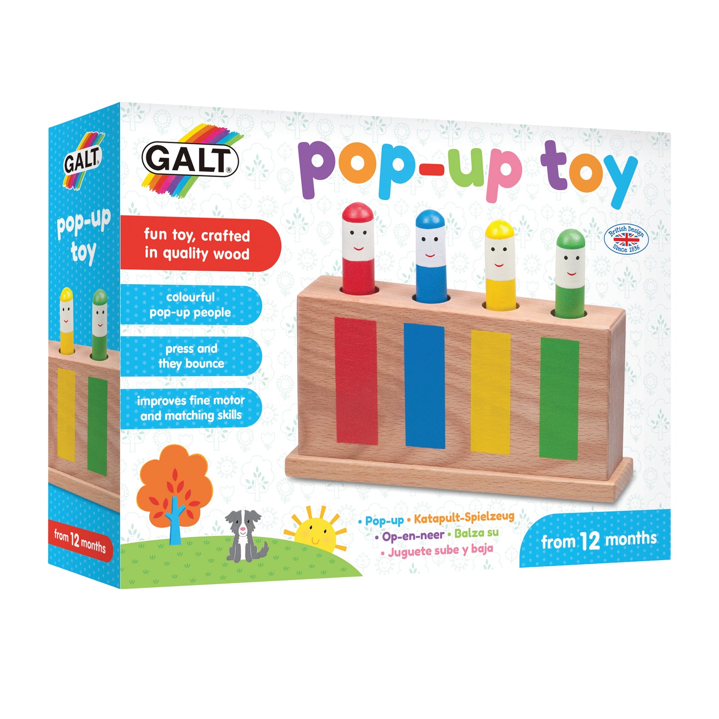 Packaging for a Galt Pop-Up Toy featuring a wooden toy with four colorful figures that bob up and down.