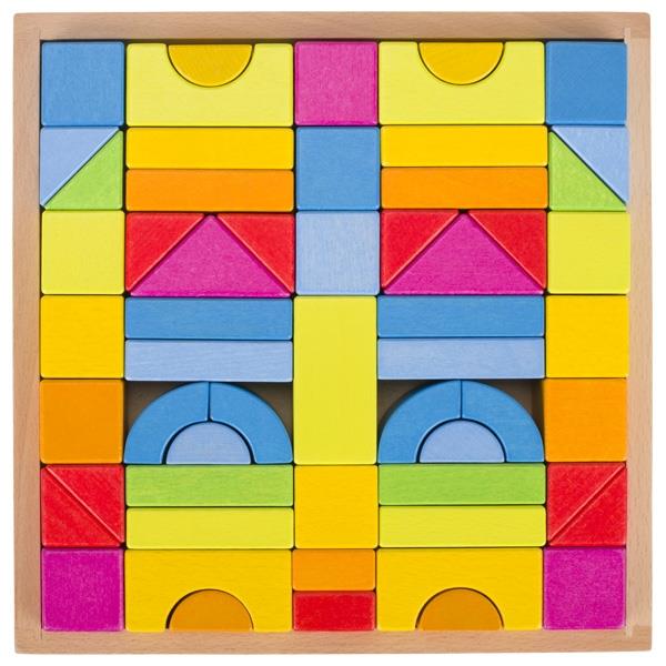 A set of wooden building blocks arranged in a square frame, with blocks in various rainbow colors including blue, orange, yellow, red, purple, and green.