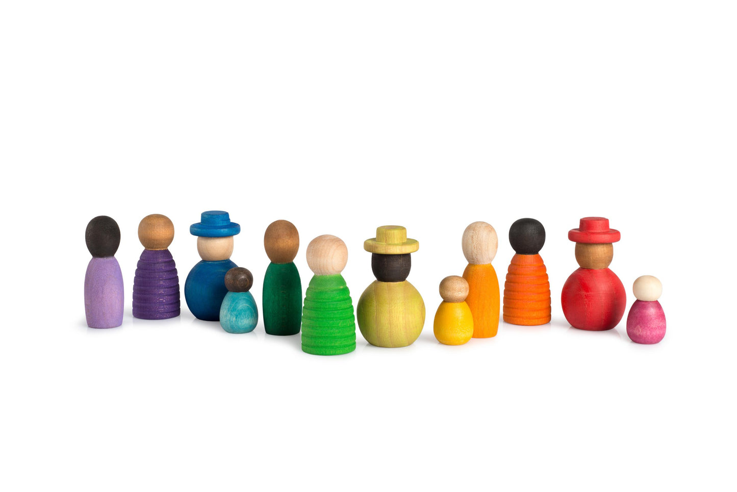 Set of colorful wooden peg dolls with various hairstyles on a white background