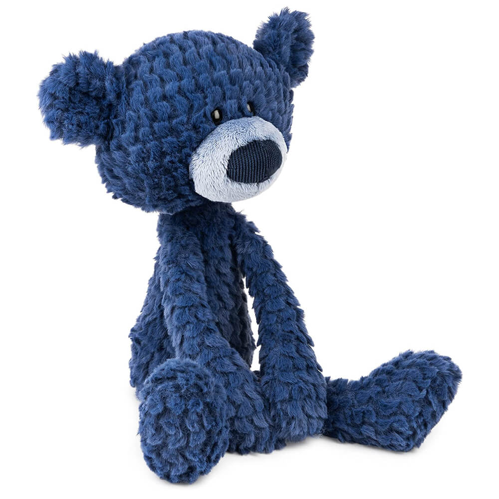 Blue plush bear toy on a white background