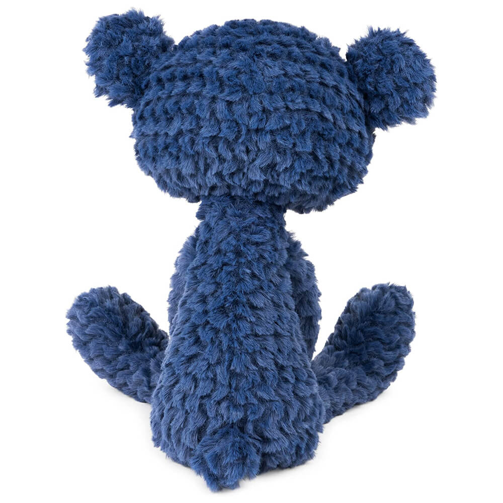 Blue plush toy with a textured surface on a white background