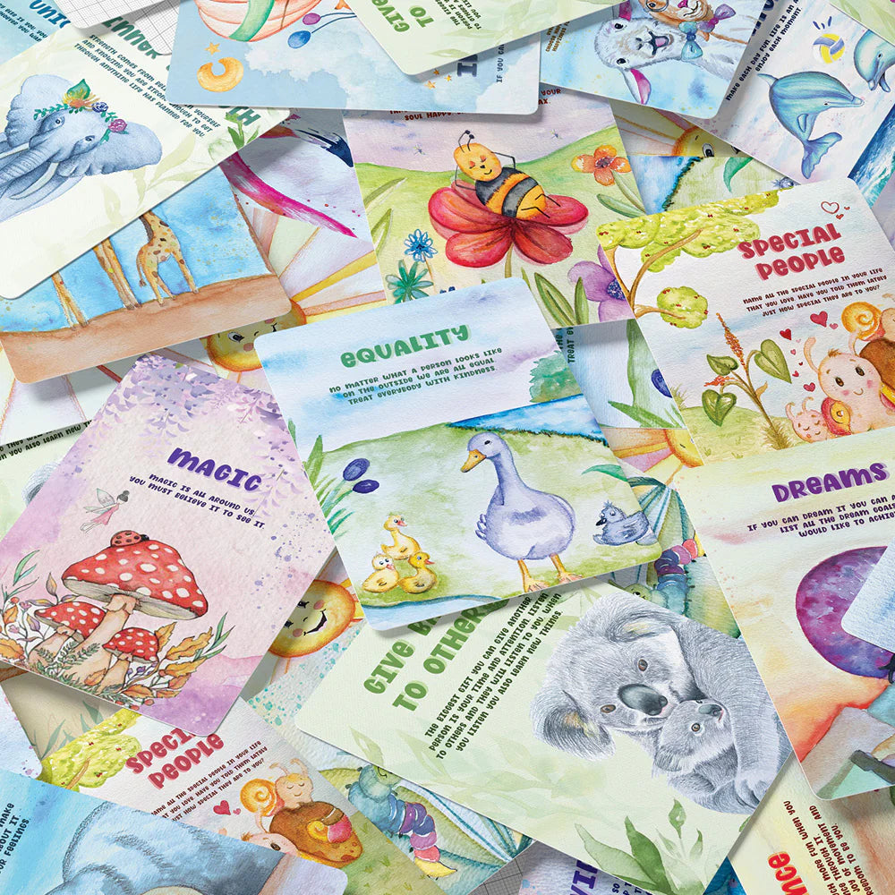 Collection of colorful children's cards with various illustrations and text.