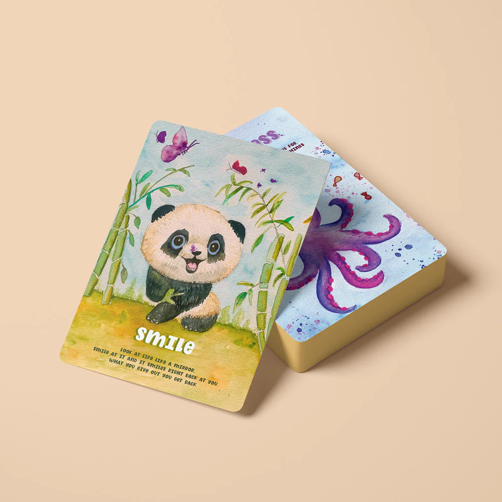 Two colorful cards with cartoon panda and octopus designs on a beige background