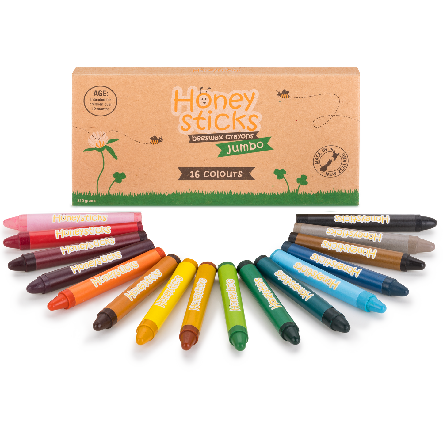 A set of jumbo-sized multicolored beeswax crayons displayed in front of their packaging box labeled Honeysticks