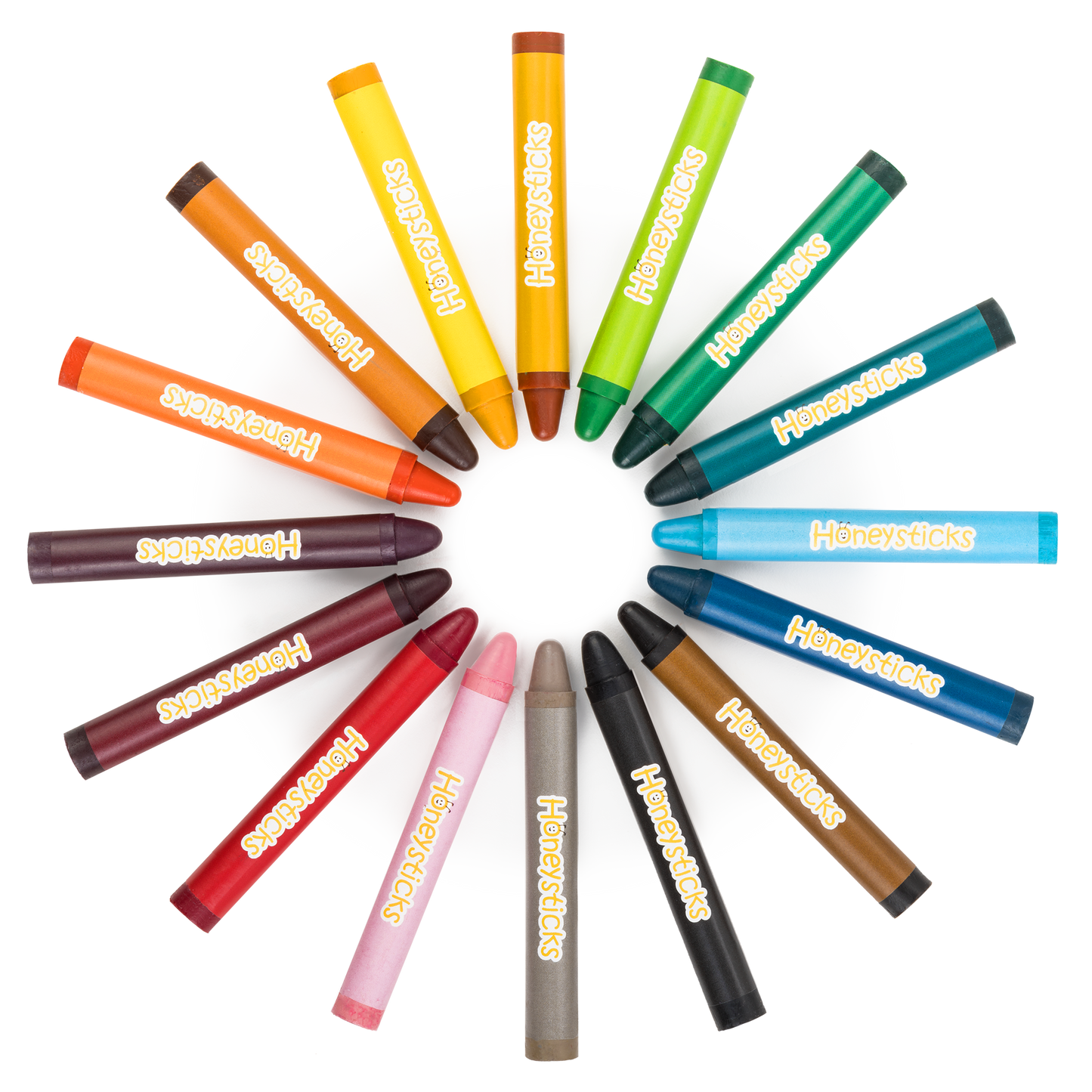 Assorted color crayons arranged in a circle on a white background.