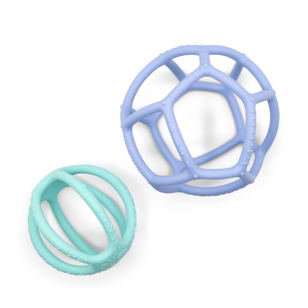 Two silicone sensory balls in blue and green colors with a geometric open-frame design, intended for babies to chew on.