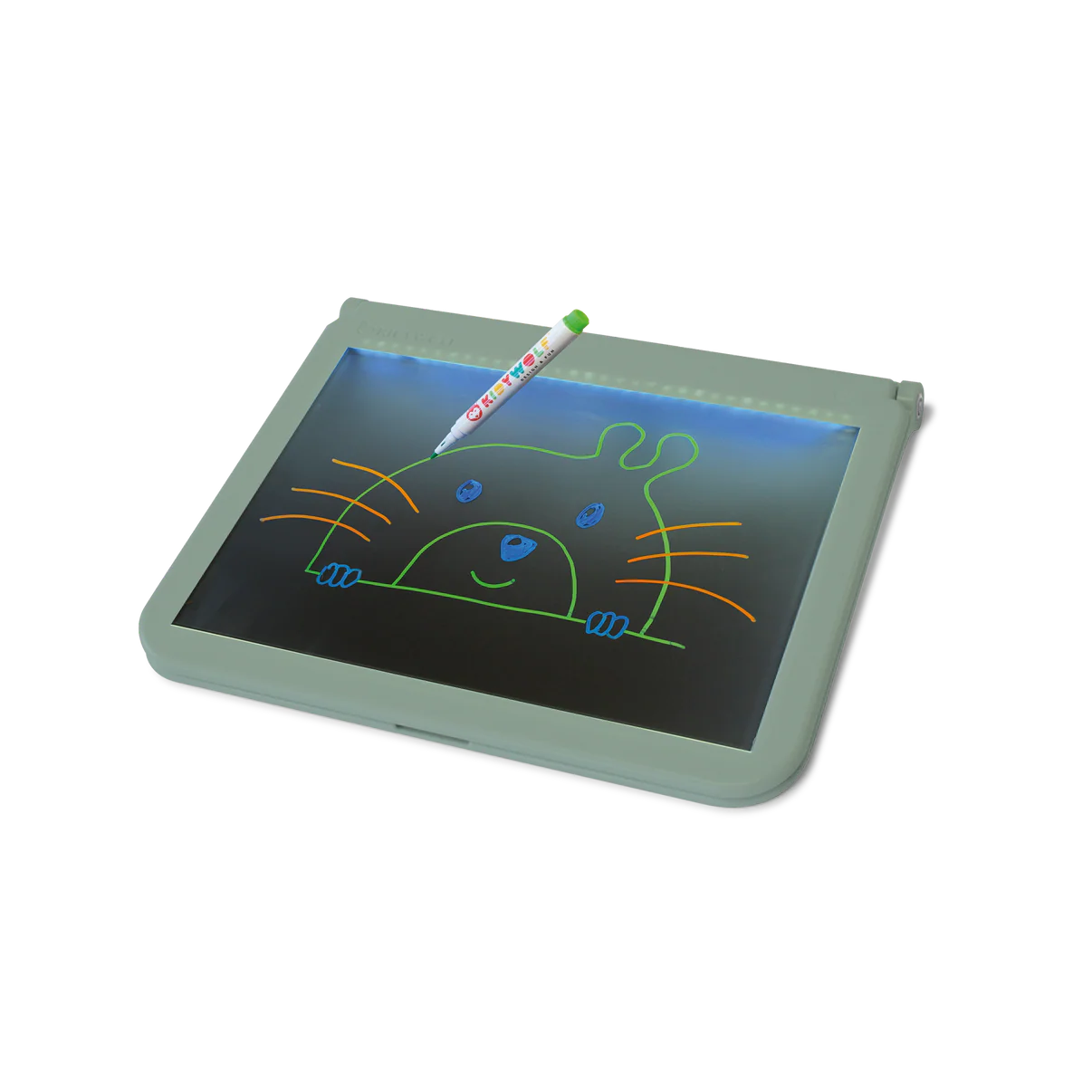 Children's drawing tablet with a green border and a cartoon cat drawing on a white background