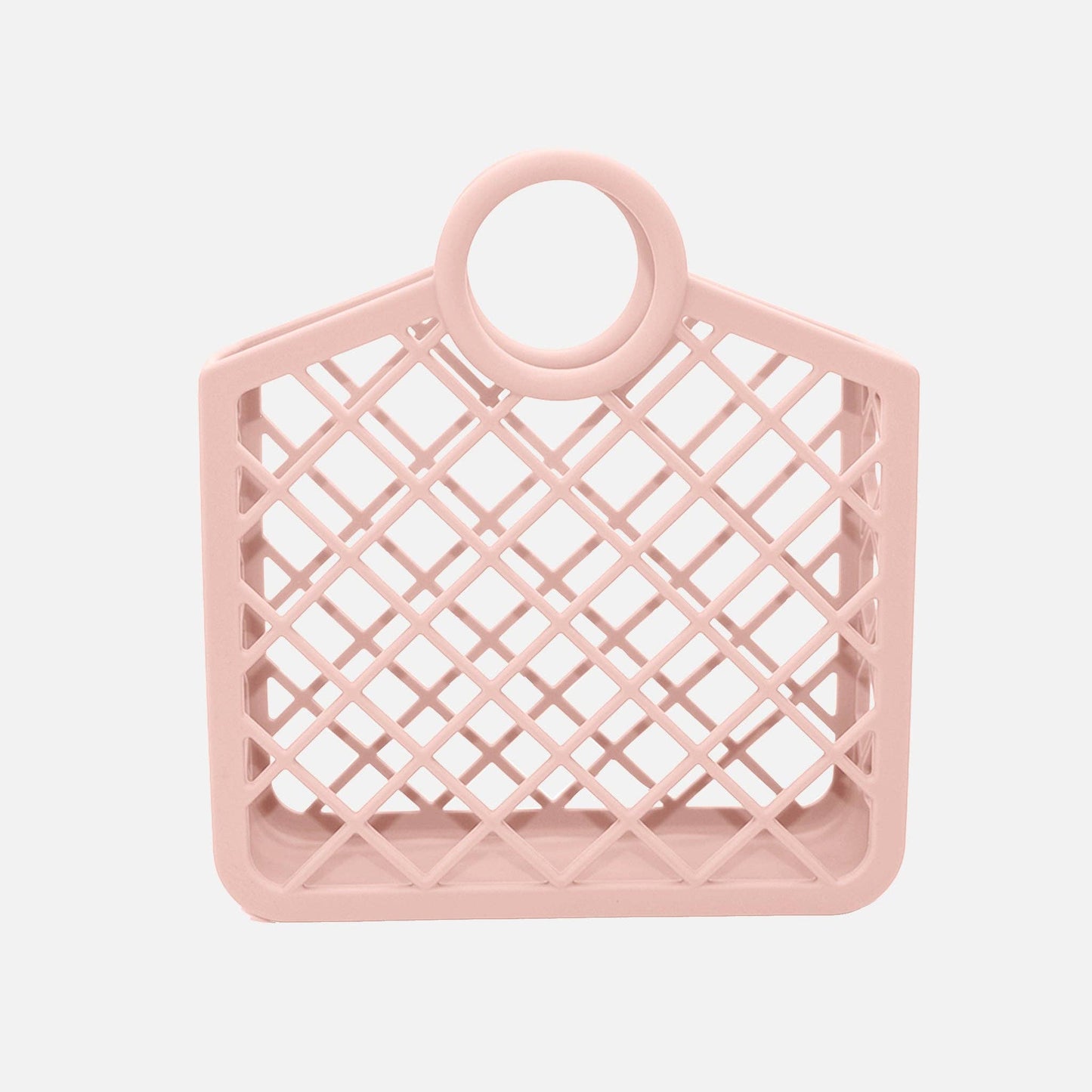 A pink silicone bag with a geometric grid pattern and a loop on top for hanging.