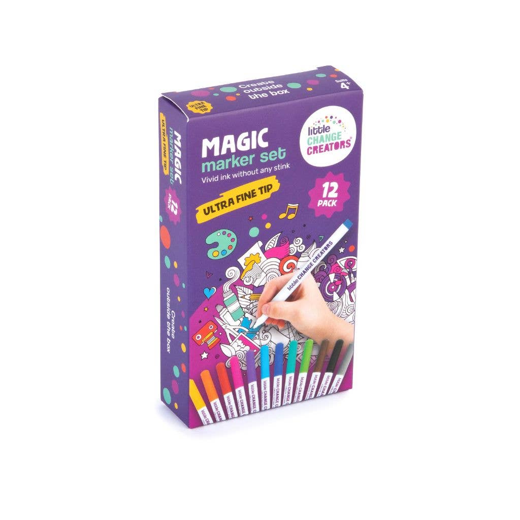 A box of Magic Markers Ultra Fine Felt Tip Colouring Pens with 12 different colors, displayed in front of a white background.