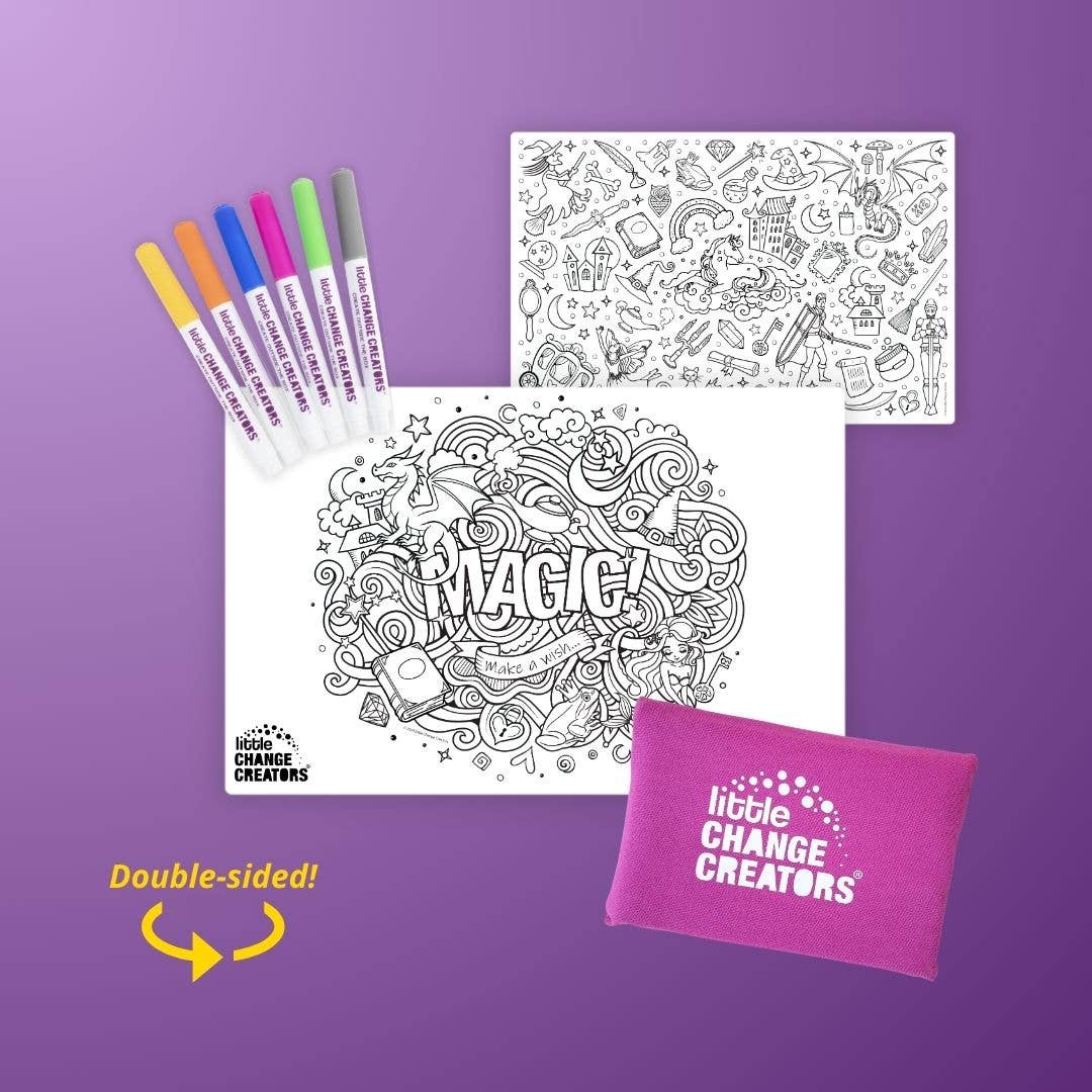 A collection of five mini coloring kits with different themes such as 'Magic'. Each kit includes a double-sided, hand silk-screened silicone mat and six non-toxic, low-odor marker pens, packaged in a 100% cotton storage pouch.