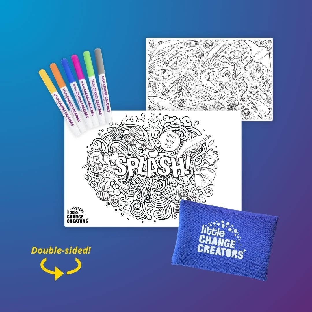 A collection of five mini coloring kits with different themes such as 'Magic', 'Dinosaur', 'Wild', and 'Australia'. Each kit includes a double-sided, hand silk-screened silicone mat and six non-toxic, low-odor marker pens, packaged in a 100% cotton storage pouch.