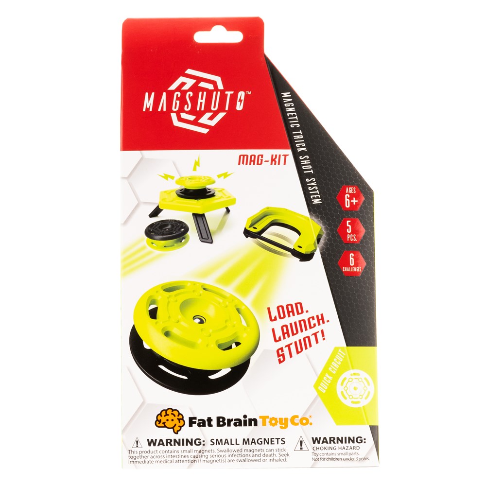 MagShuto toy packaging with yellow toy and red label on a white background