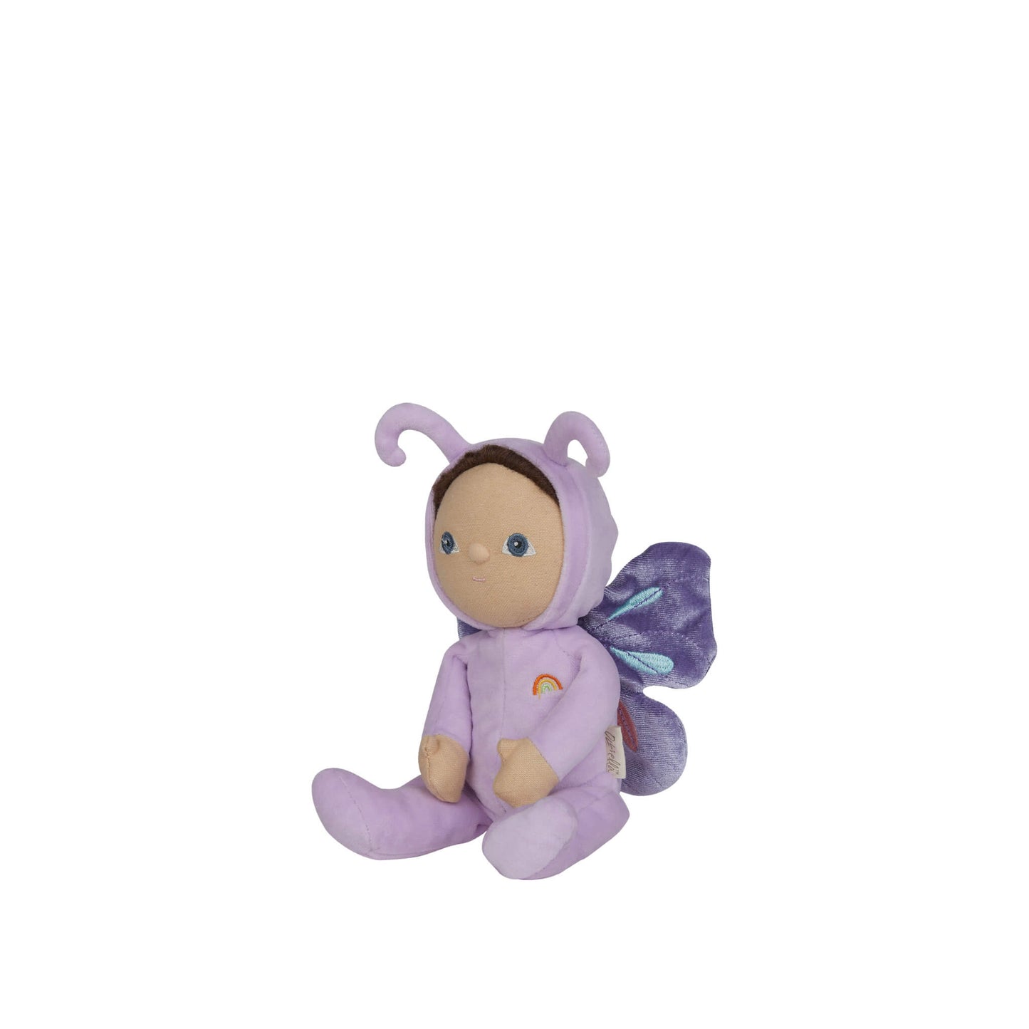 Plush toy in a purple fairy costume on a white background