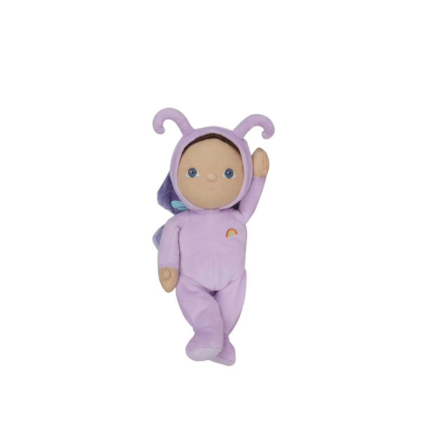 Purple baby doll with a hood on a white background