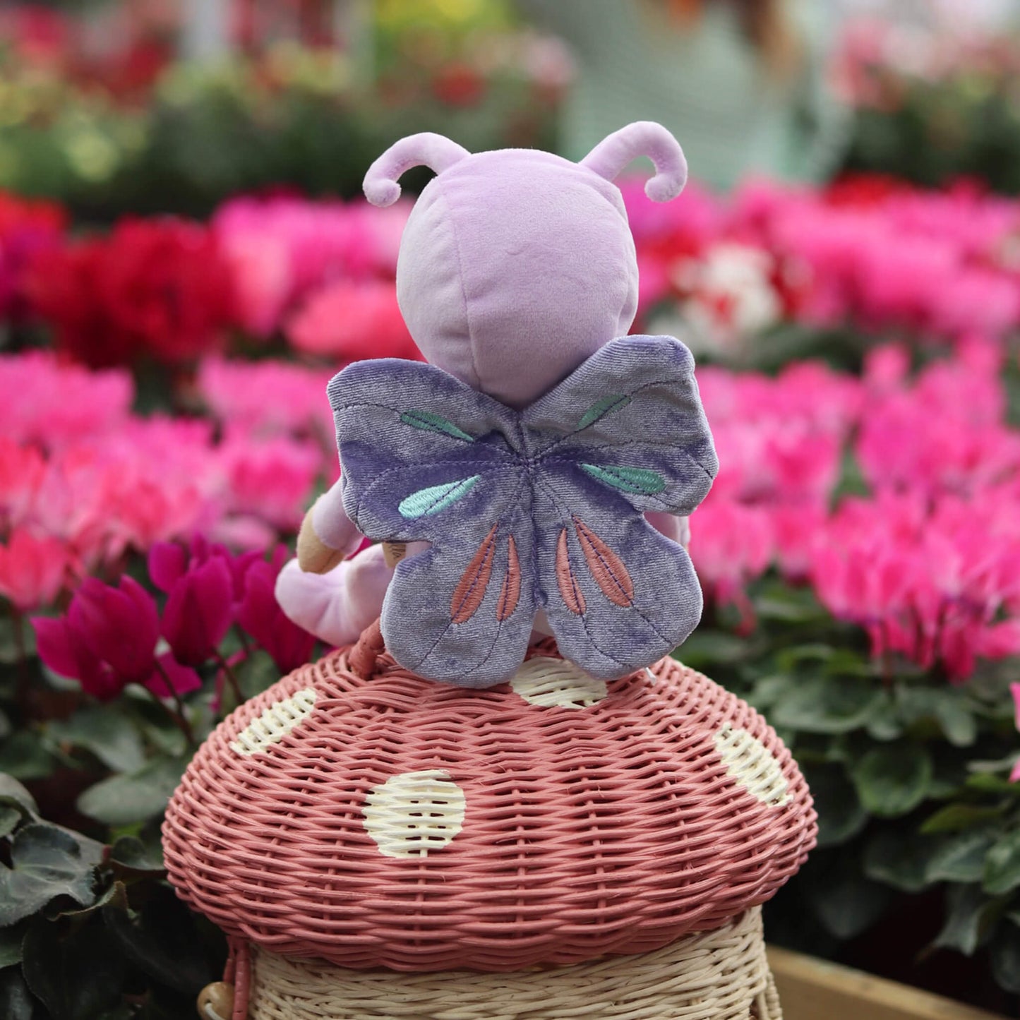 Plush toy with butterfly wings on a pink mushroom against a floral background