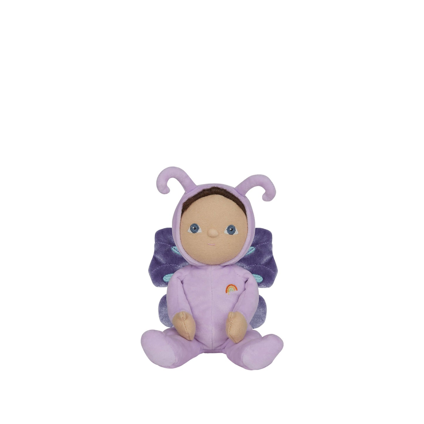 Plush toy with a purple outfit on a white background