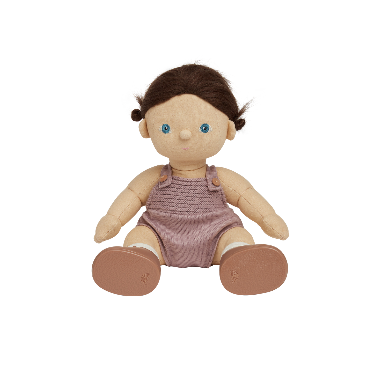 Toy doll with a pink romper on a white background
