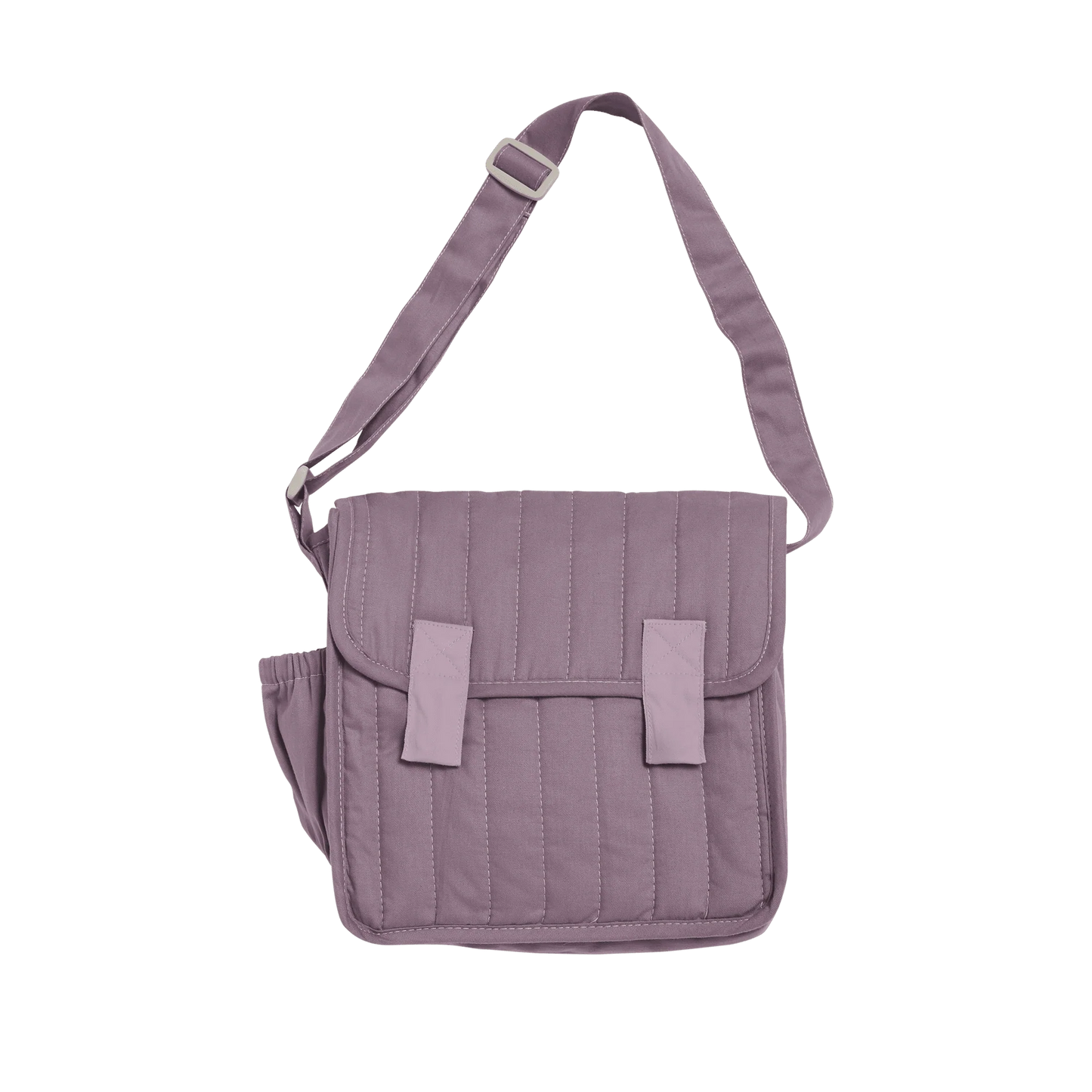 Purple quilted bag with a strap on a white background