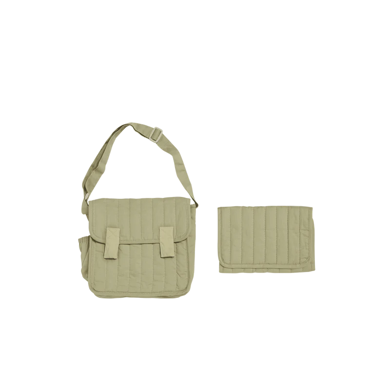 Sage shoulder bag with attached pouch on a white background