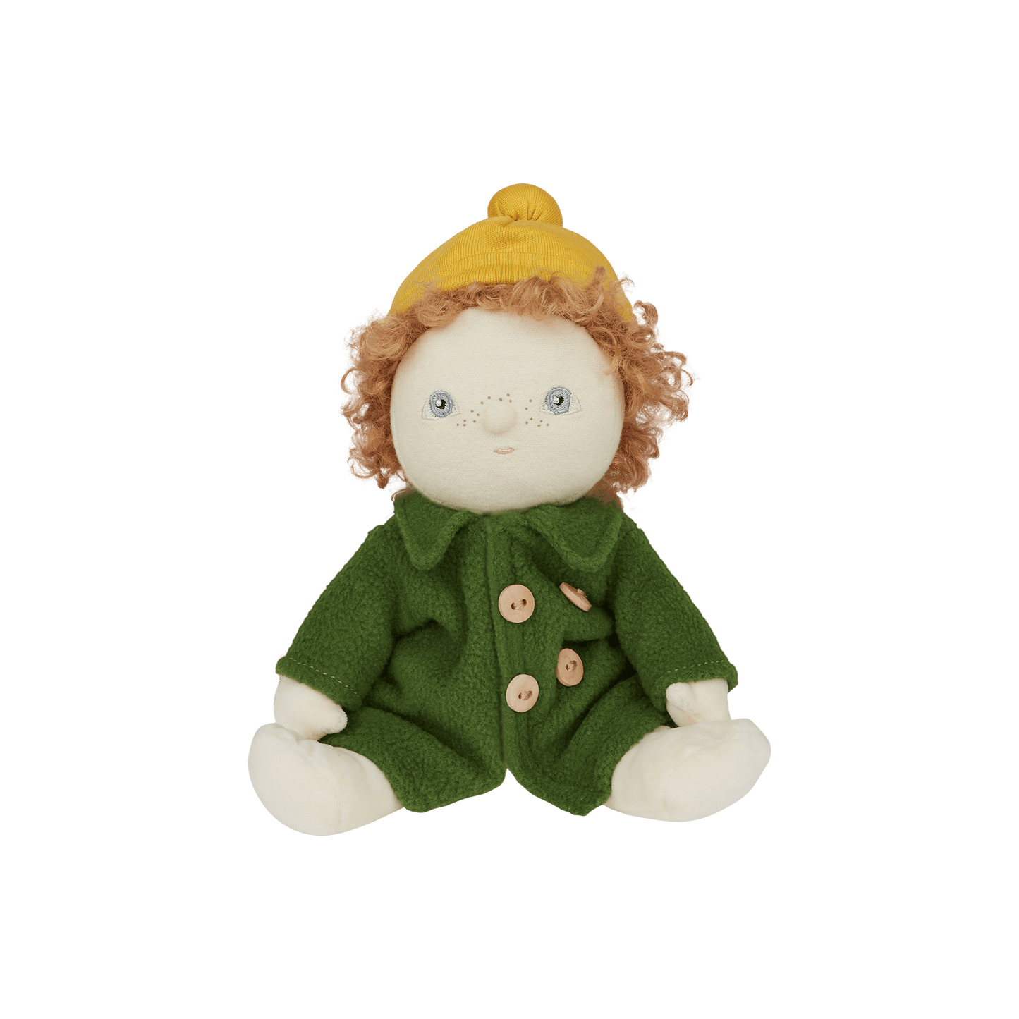 Stuffed toy with a green outfit and yellow hat on a transparent background