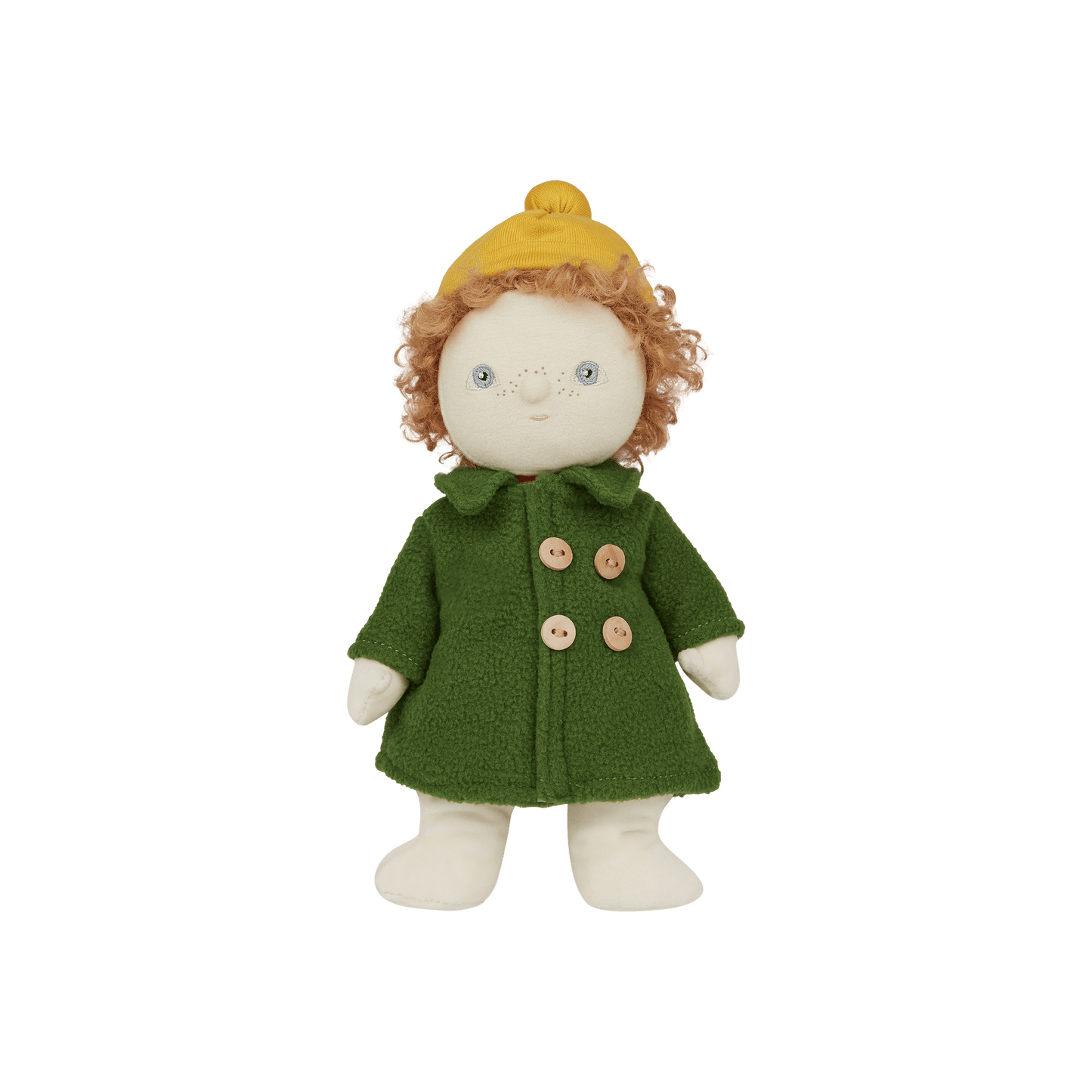 Stuffed toy with a green coat and yellow hat on a transparent background