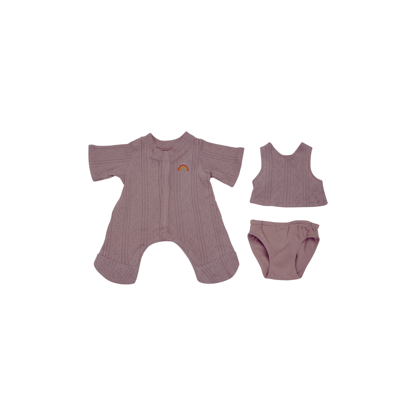 Baby clothing set with romper, vest, and diaper on a white background