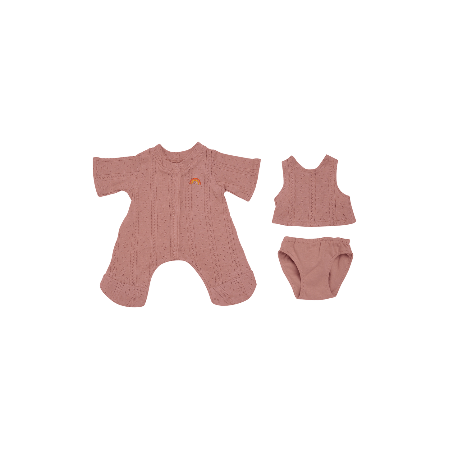 Baby outfit set with romper, vest, and diaper on a white background