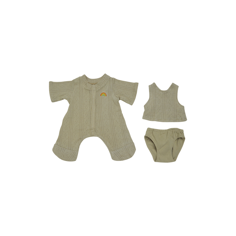Set of green baby romper, vest, and diaper on a white background