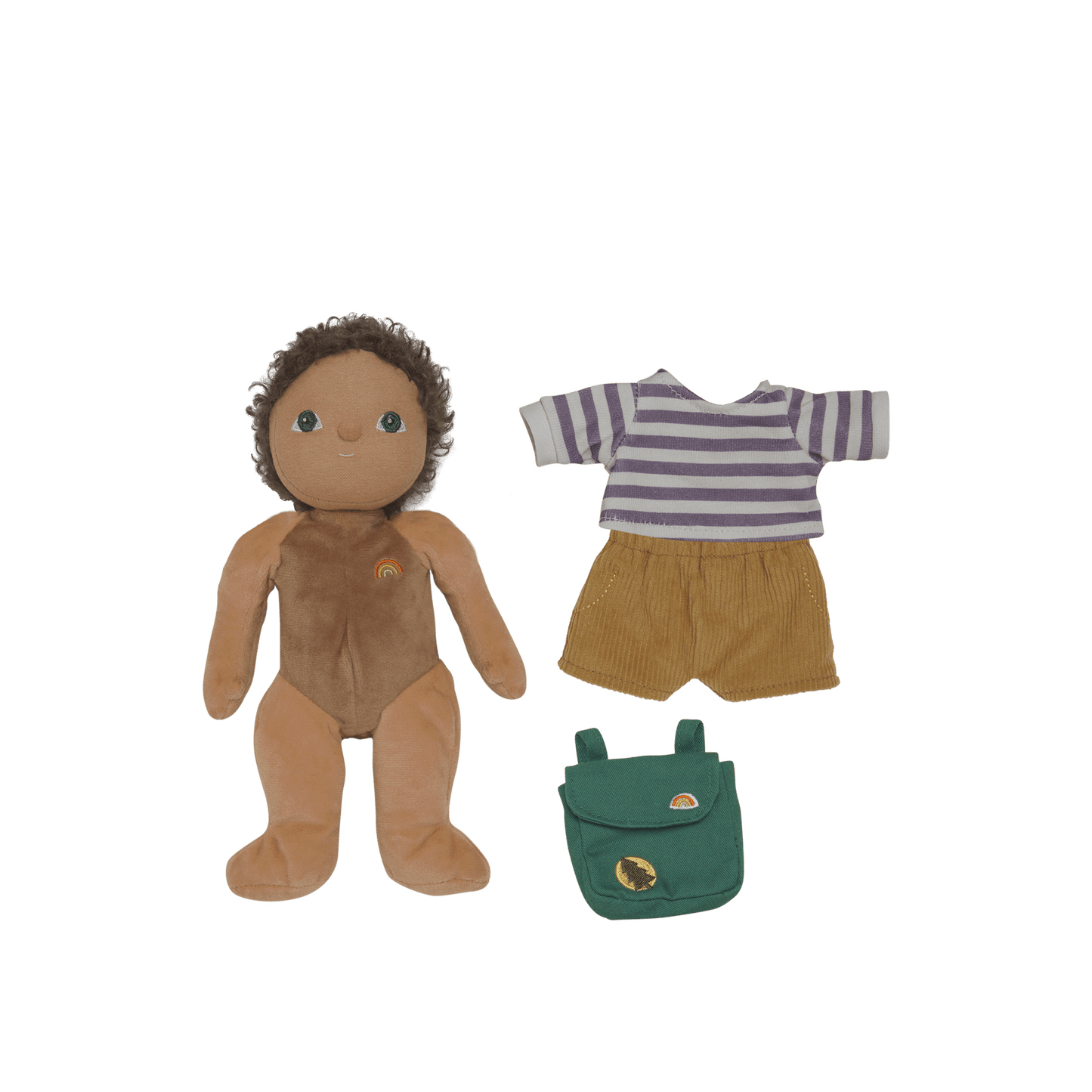 Plush doll with brown skin and dark hair, striped shirt, shorts, and green bag on a white background