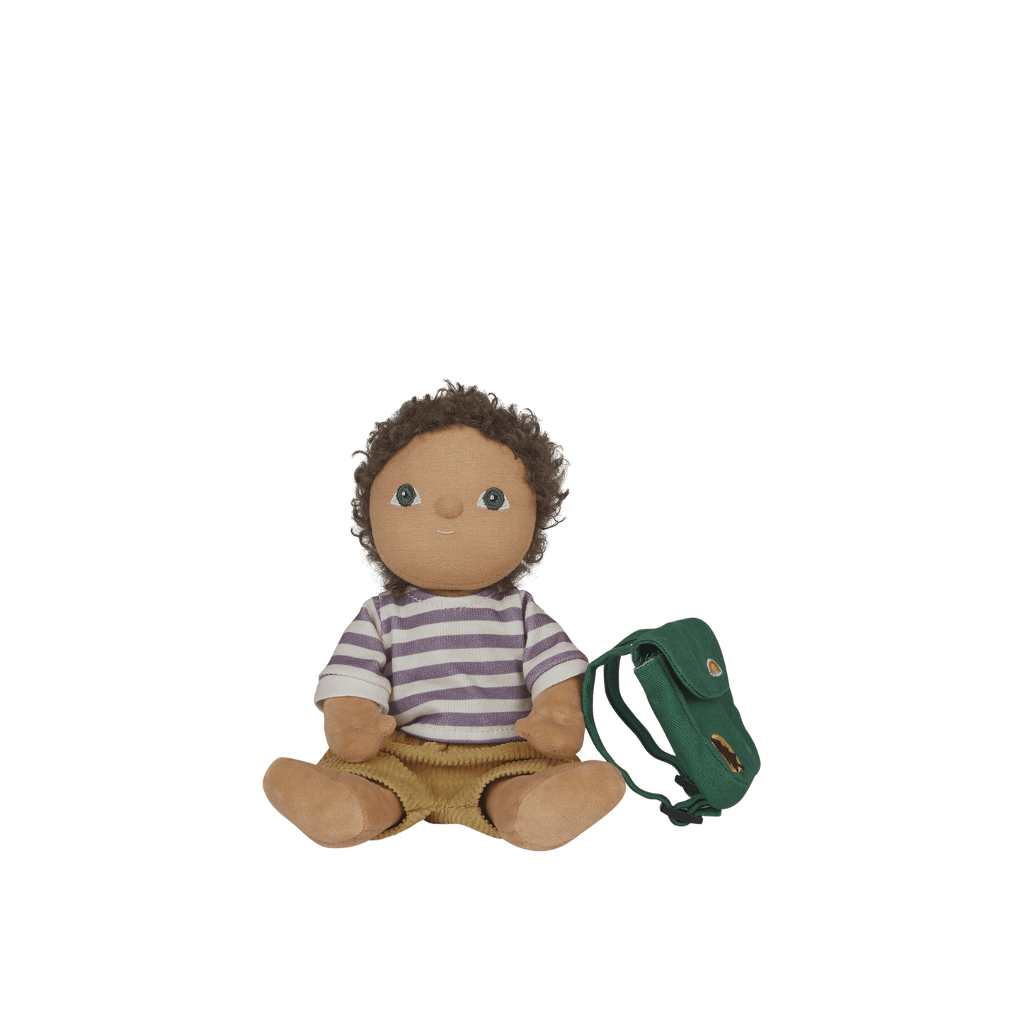 Toy figure of a child with a striped shirt and green bag on a white background