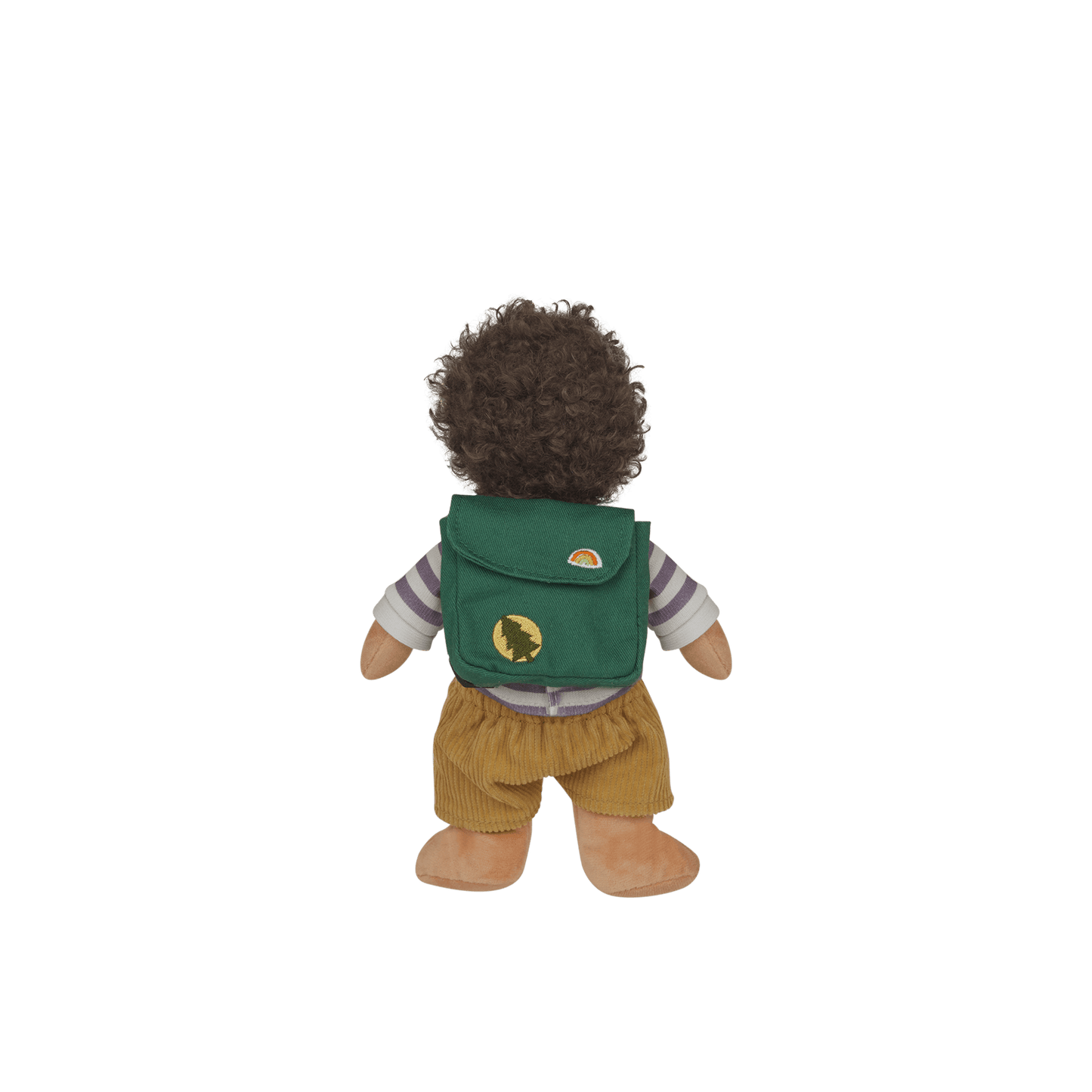 Plush toy with a green backpack on a white background
