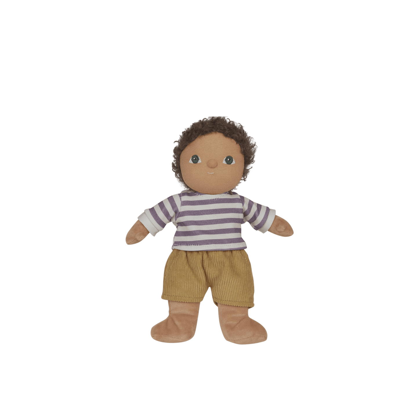 Plush toy of a child wearing a striped shirt and beige pants on a white background