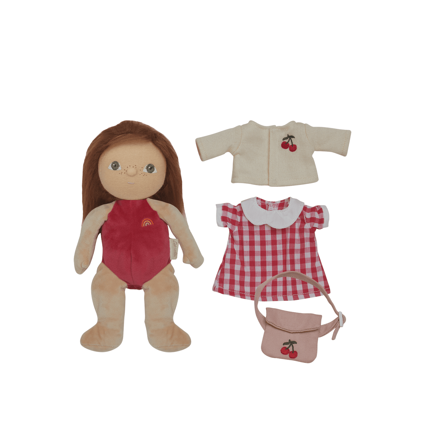 Plush doll with brown hair and a red outfit, accompanied by a white jacket, red checkered dress, and pink purse on a white background.
