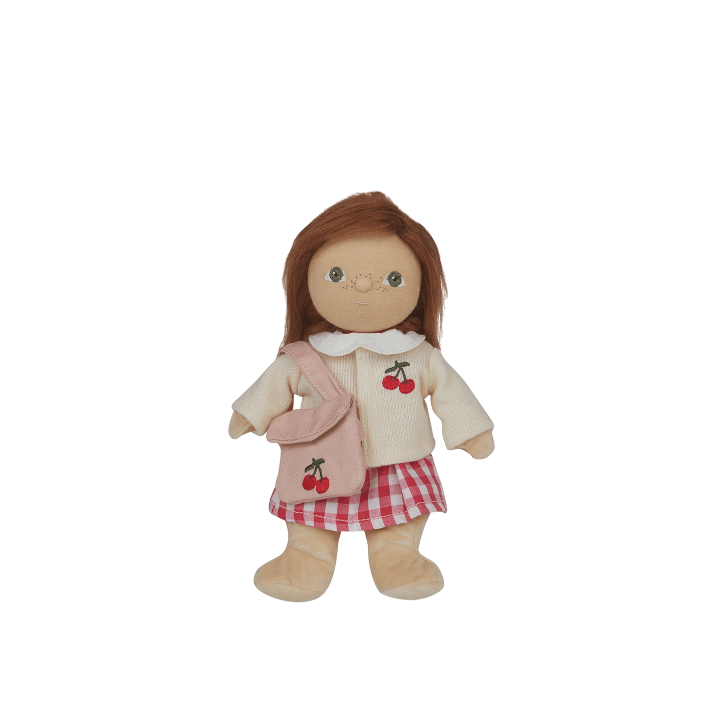 Plush toy doll with a checkered skirt and cherry-themed outfit on a white background