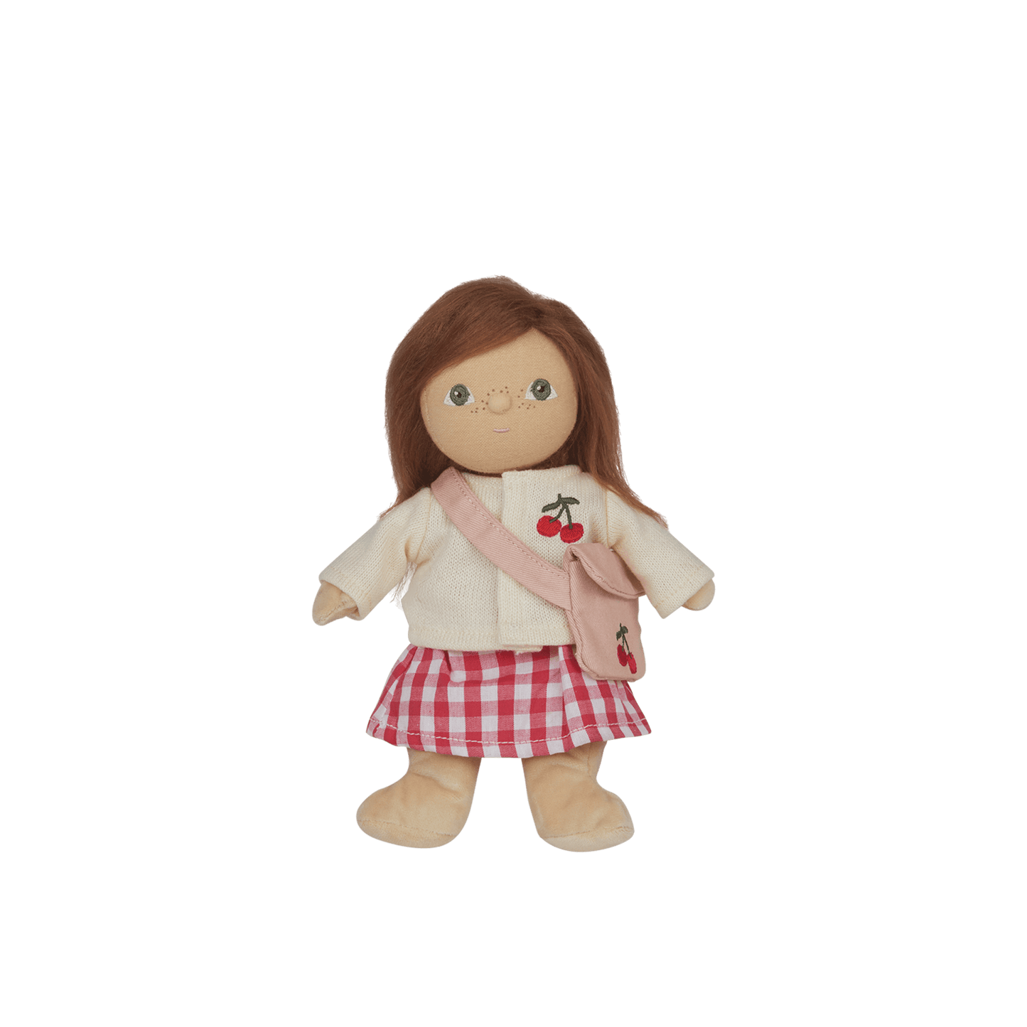 Plush doll with a white shirt, red checkered skirt, and pink bag on a white background