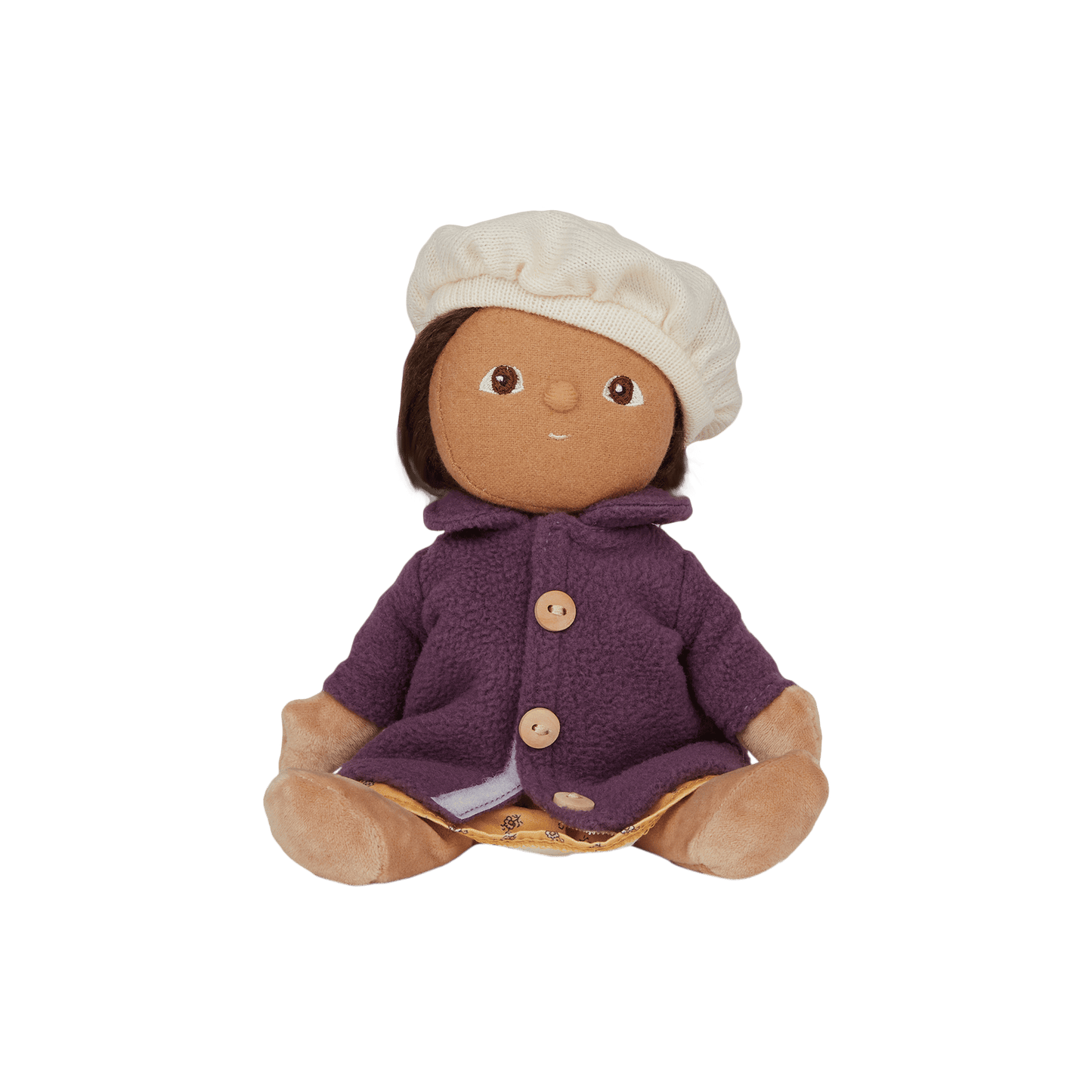 Stuffed toy with a purple coat and white hat on a transparent background